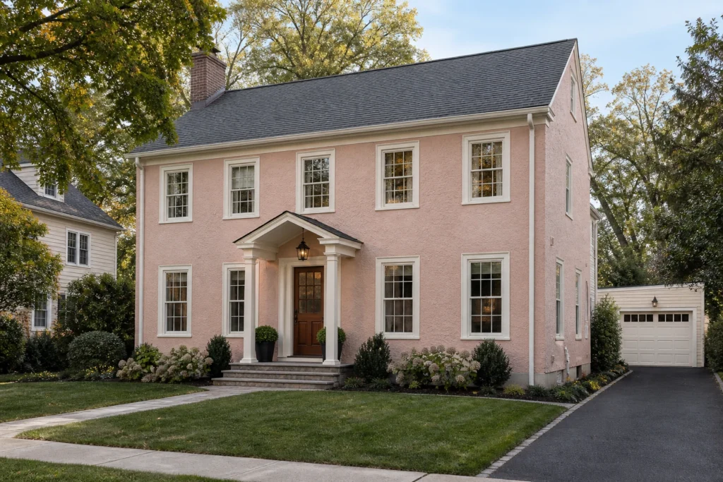 01 blush pink stucco house white trim