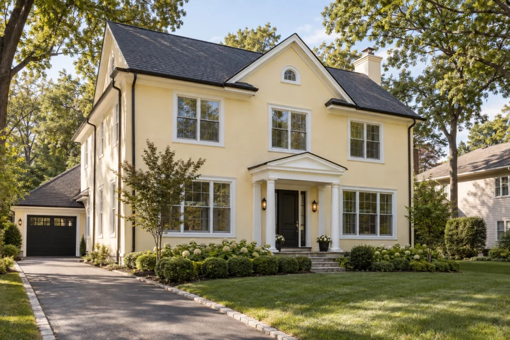 01 butter yellow stucco white trim