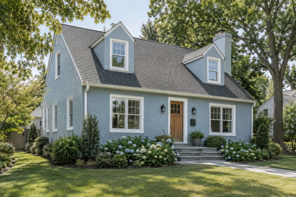 01 light blue stucco cape cod white trim