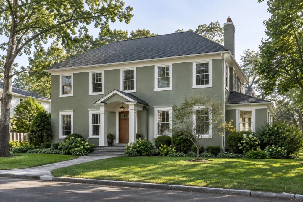 01 sage green stucco house warm white trim