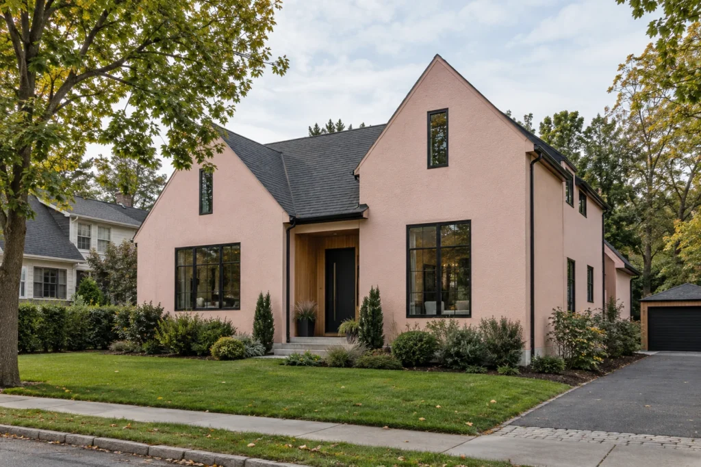 02 light pink stucco house black windows