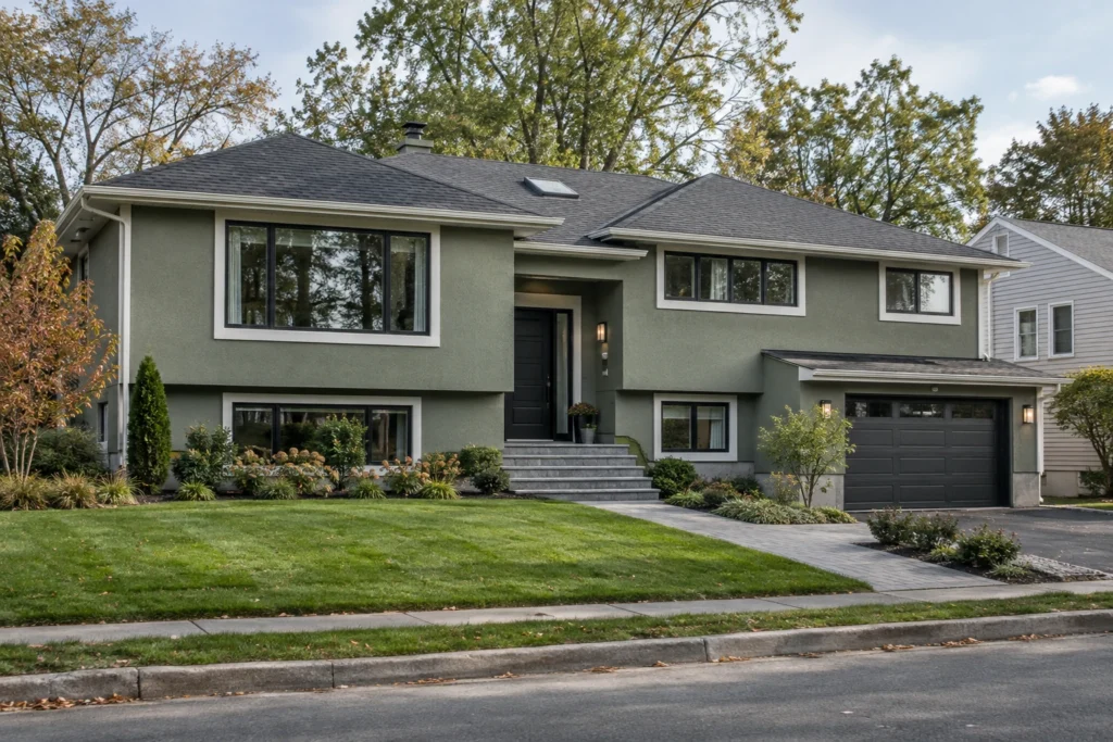 03 gray green stucco split level charcoal roof