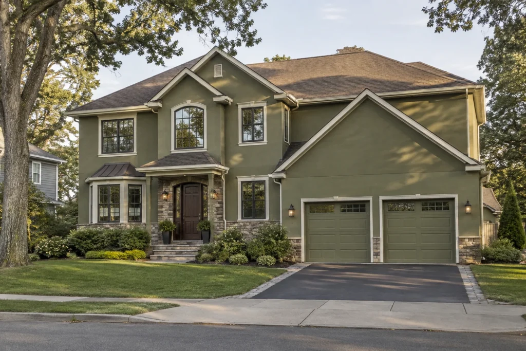 04 olive green stucco house brown roof