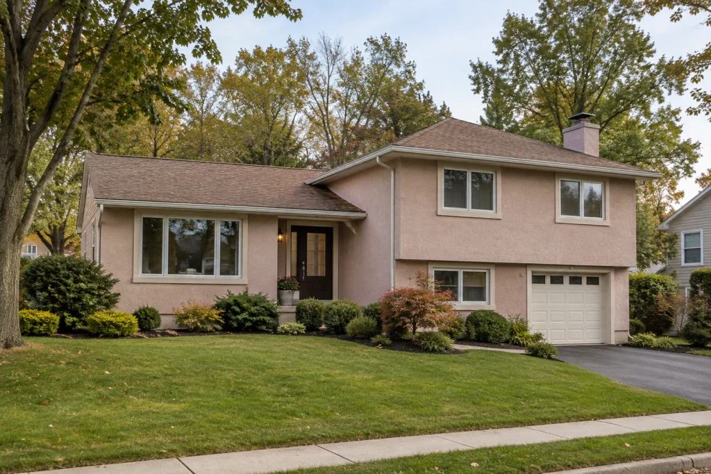 04 pink beige stucco split level brown roof