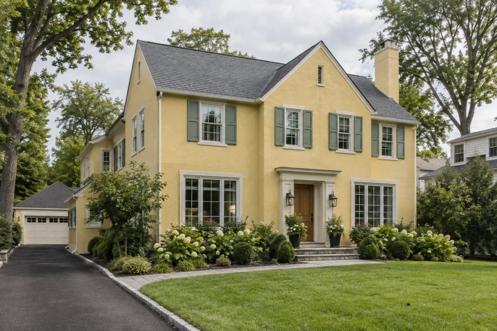 04 soft yellow stucco sage shutters