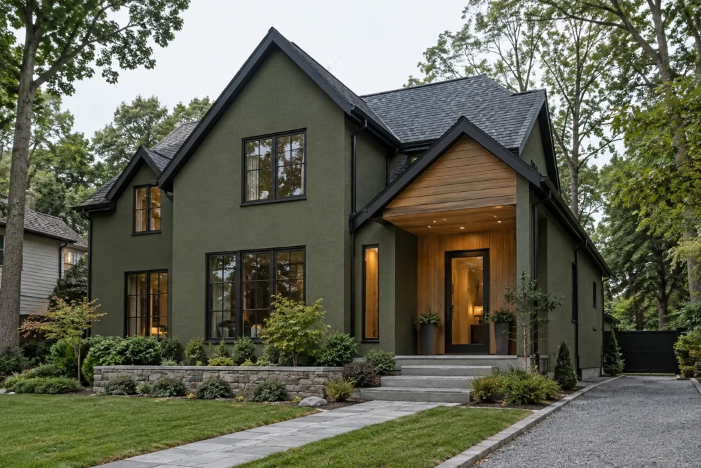 05 deep olive stucco house cedar entry