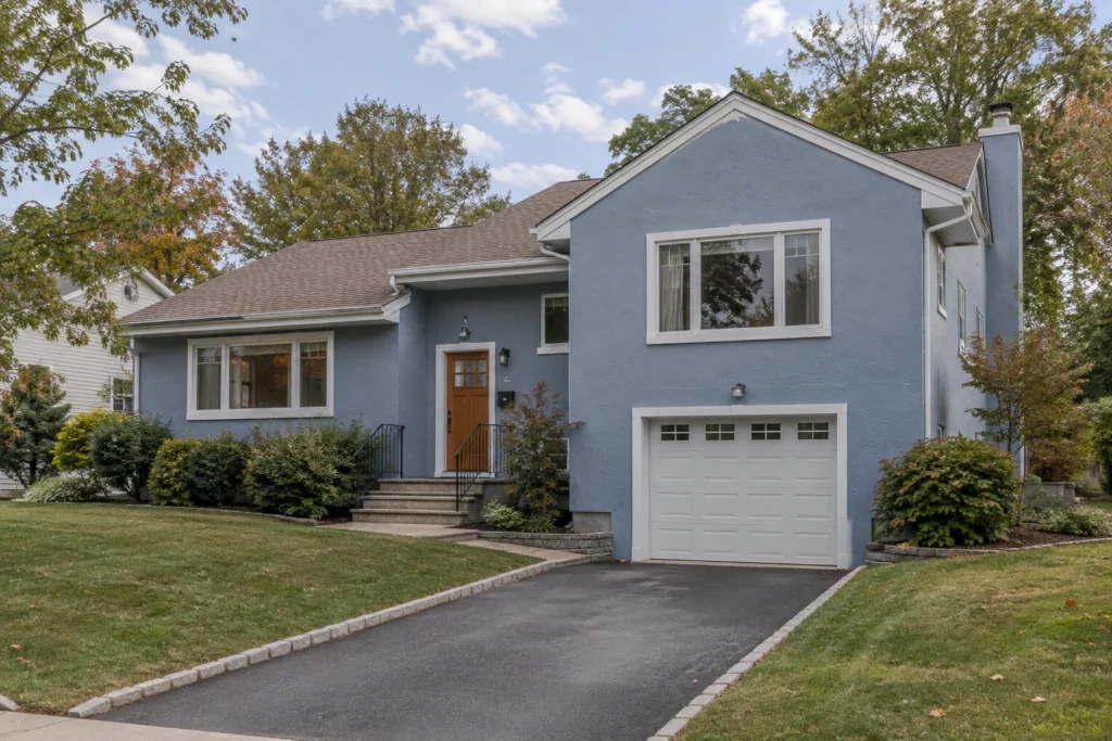 05 dusty blue stucco split level brown roof