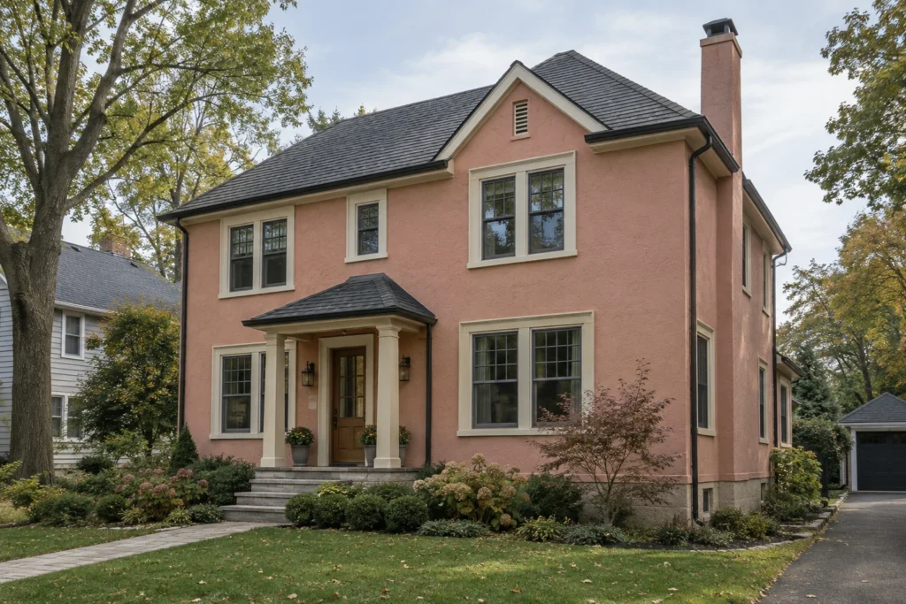 05 salmon pink stucco house cream trim