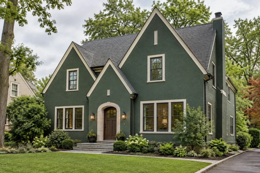 06 forest green stucco house cream trim