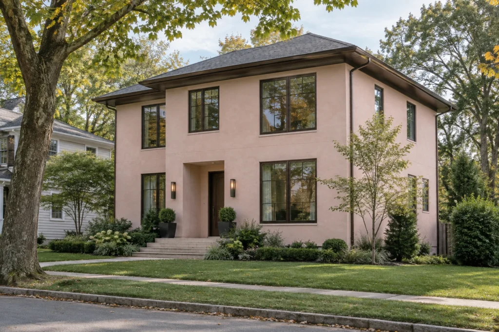 06 peach pink stucco house bronze windows