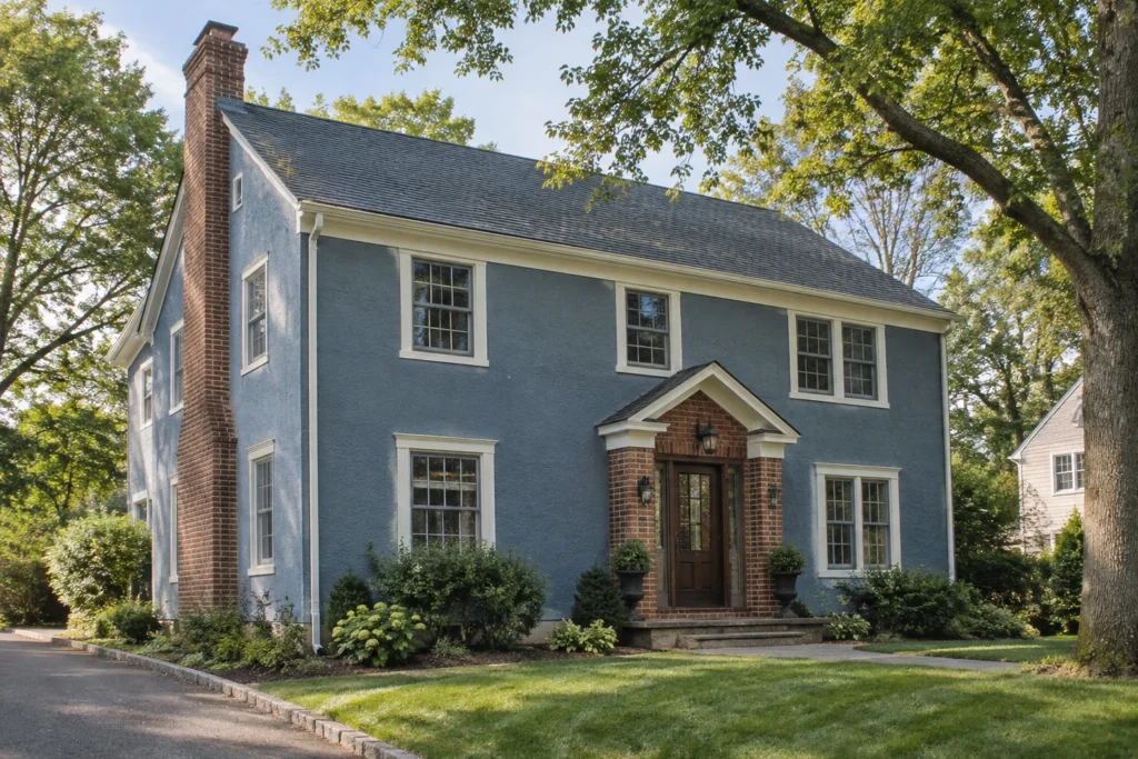 07 denim blue stucco house red brick