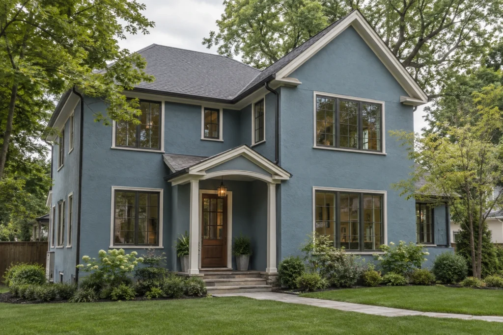 08 blue green stucco house bronze windows