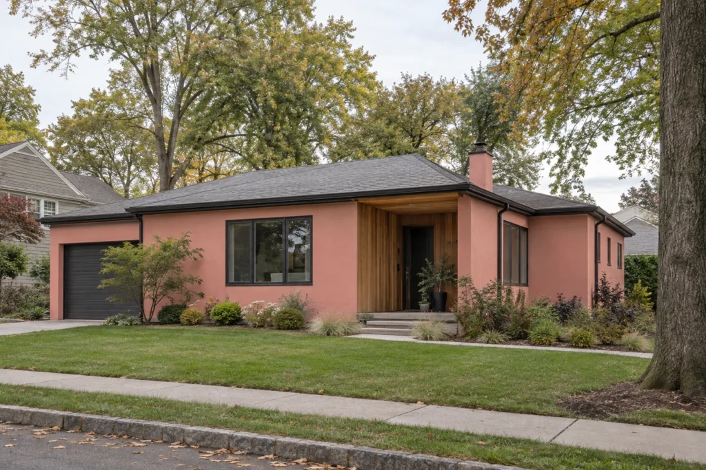 08 muted coral stucco ranch cedar entry