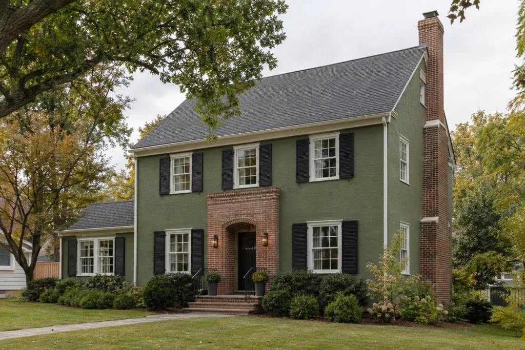 09 moss green stucco house red brick