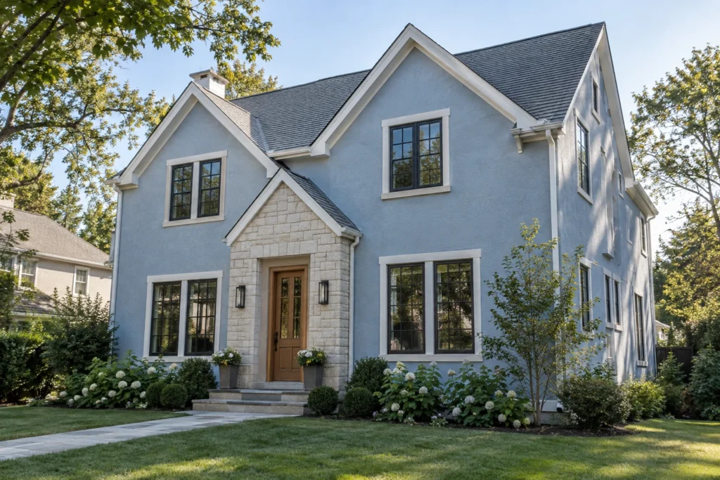 09 powder blue stucco house limestone entry