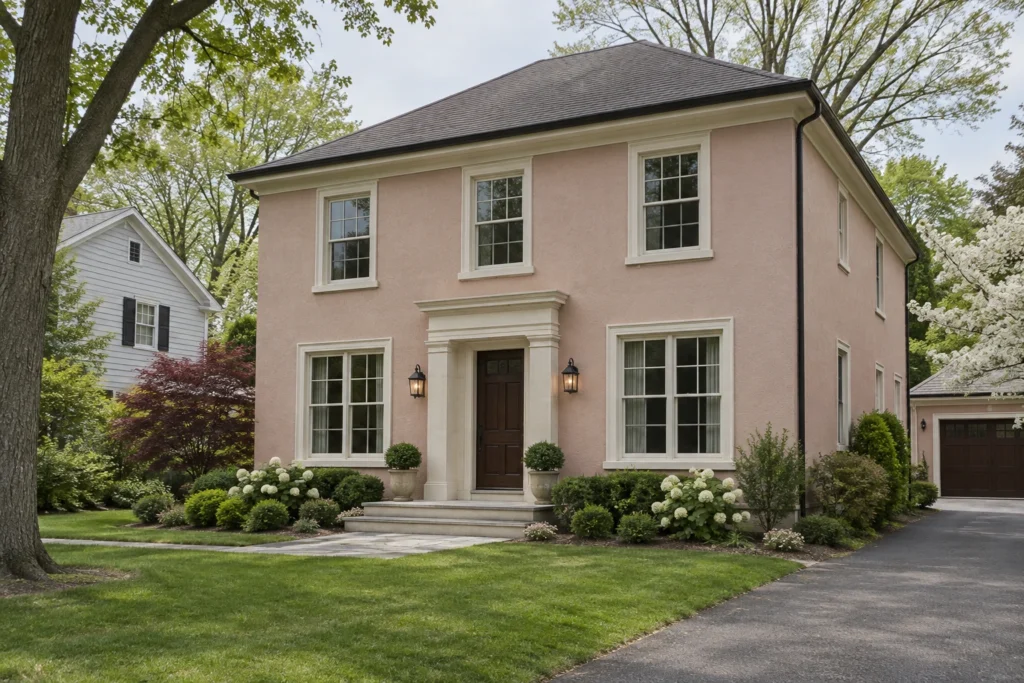 09 rose beige stucco house limestone entry