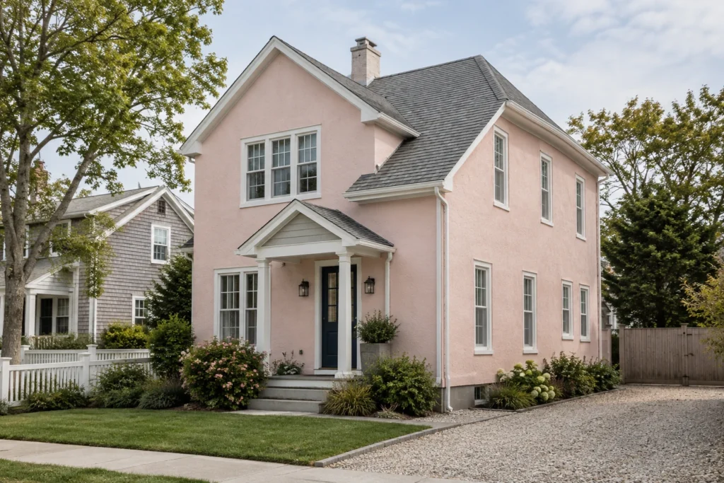 10 blush pink stucco house navy door