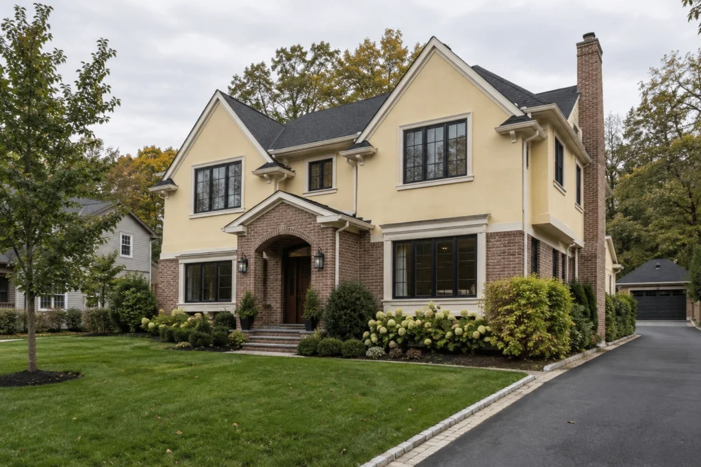 10 pale yellow stucco red brick