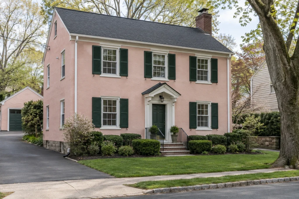 11 blush stucco colonial green shutters
