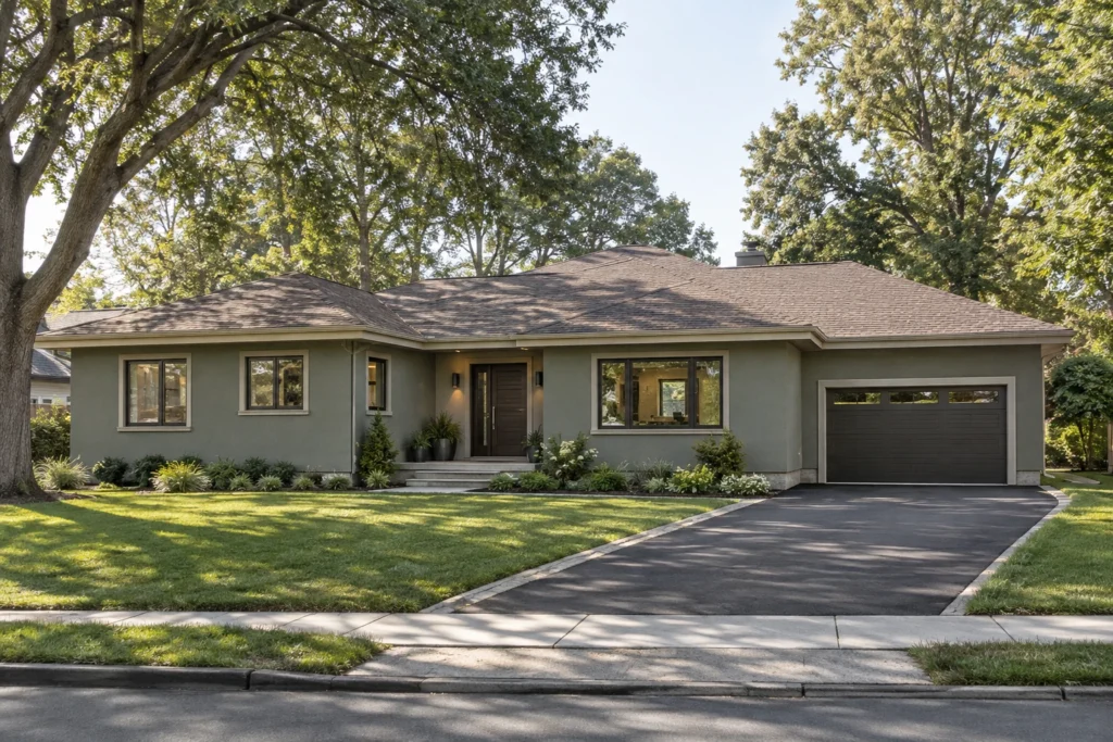 11 dusty green stucco ranch taupe trim