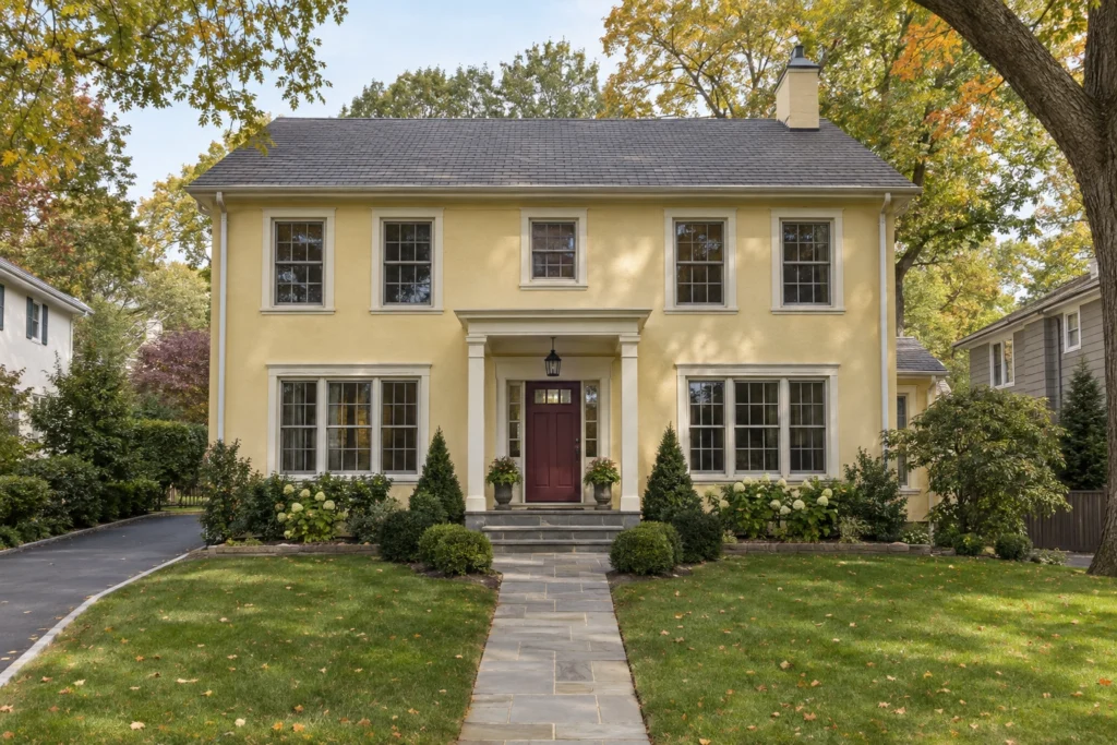 11 warm yellow stucco burgundy door