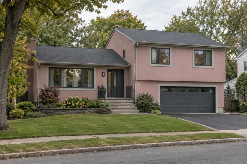12 cool dusty rose stucco charcoal roof