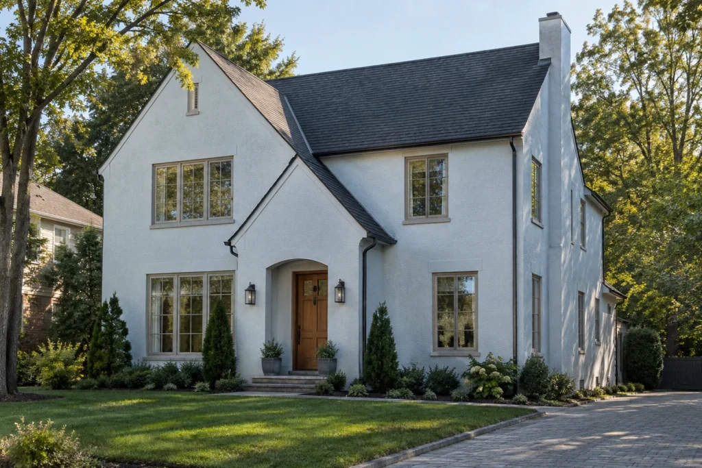 12 near white blue stucco house charcoal roof
