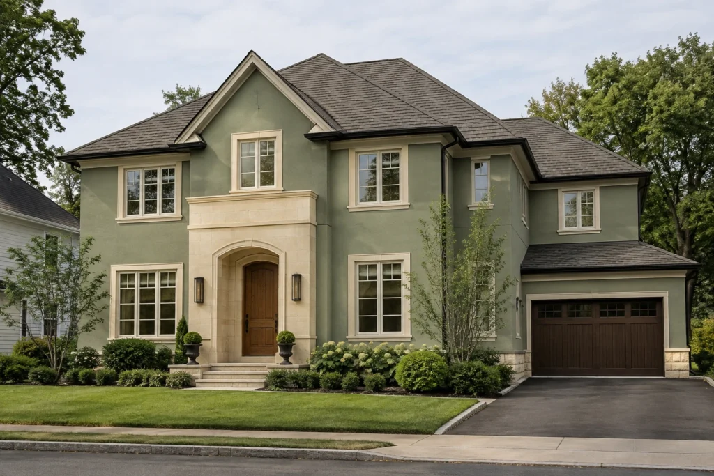 12 sage green stucco buff limestone entry