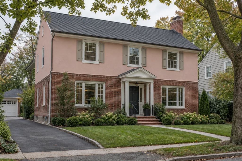 13 pink stucco house red brick