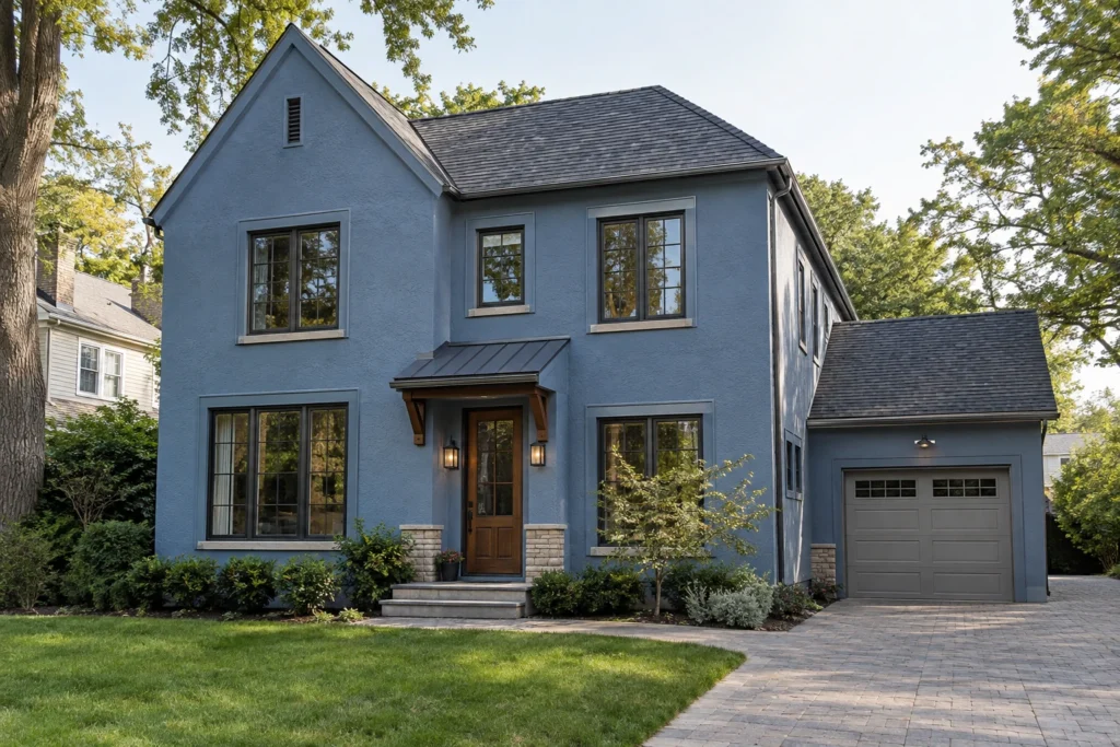 13 slate blue stucco house taupe garage