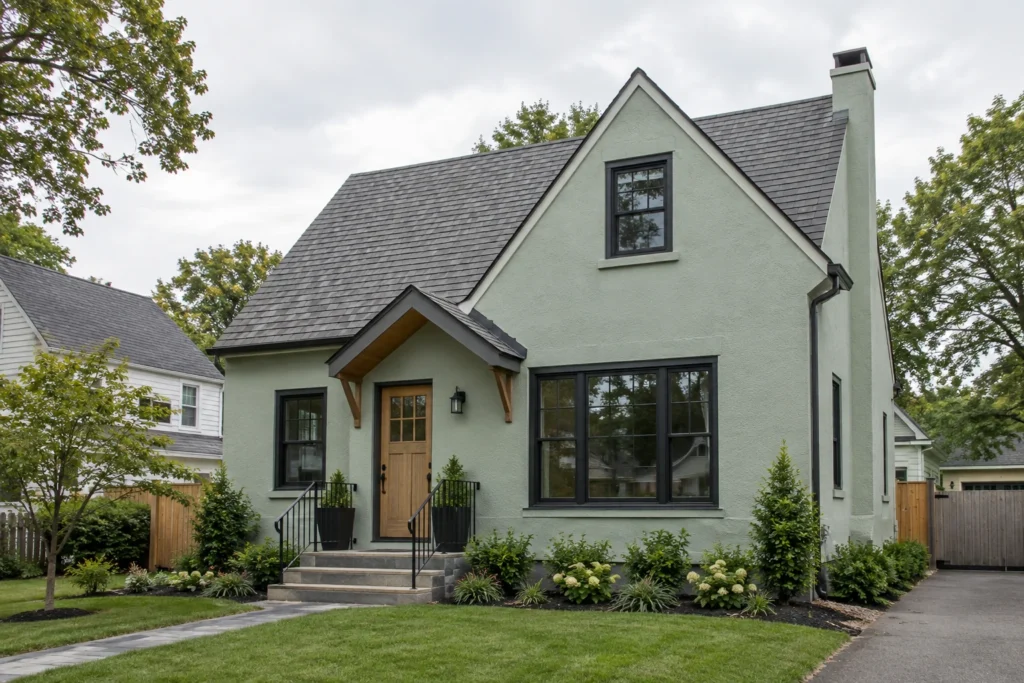 13 soft mint stucco house charcoal accents