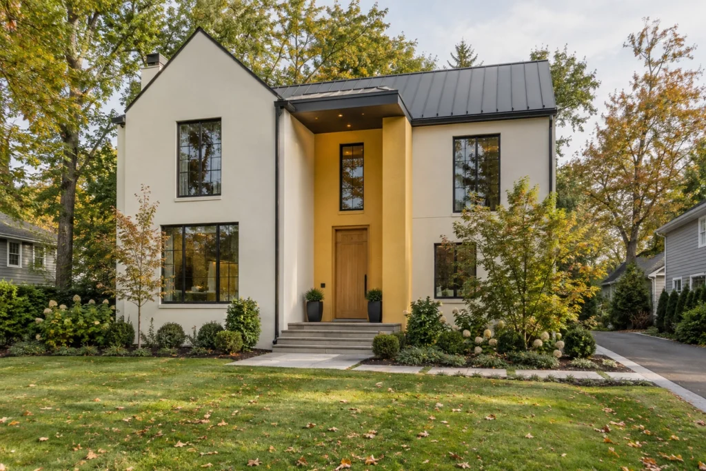 13 yellow entry white stucco house