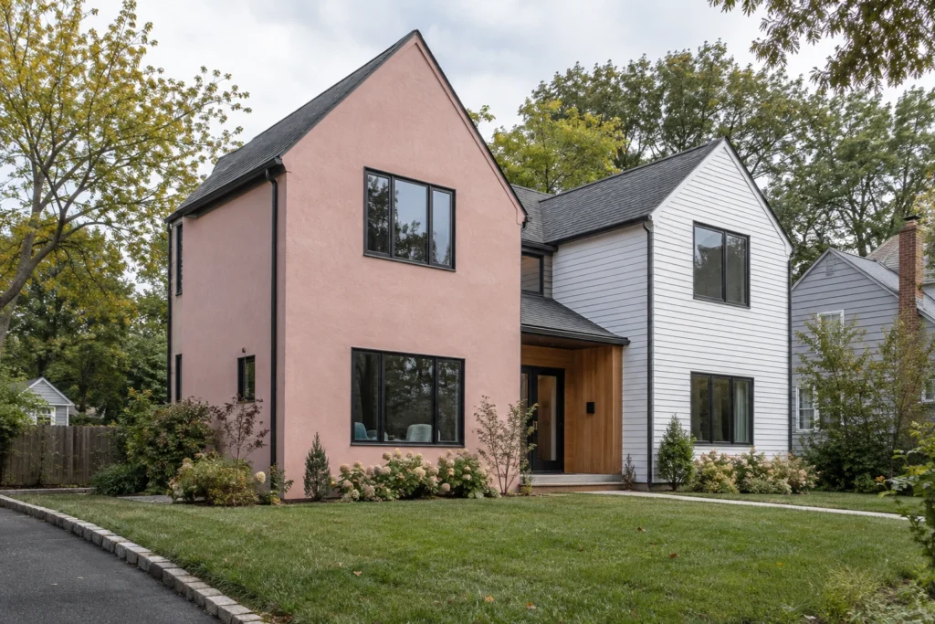 14 blush stucco house white siding