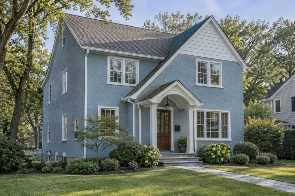 14 sky blue stucco house white siding