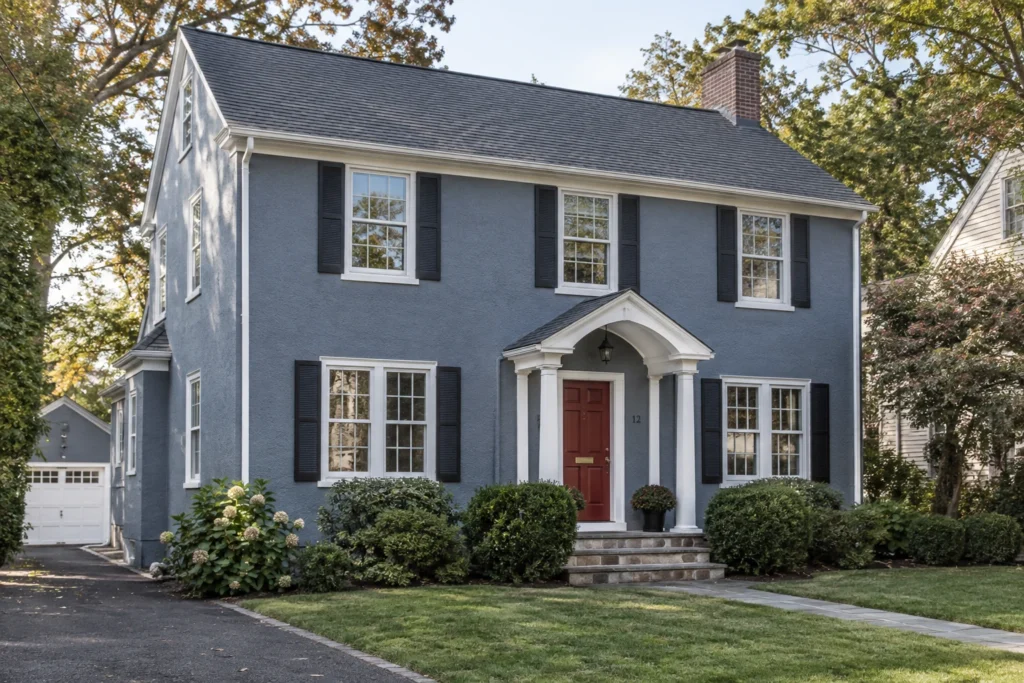 15 blue gray stucco colonial red door