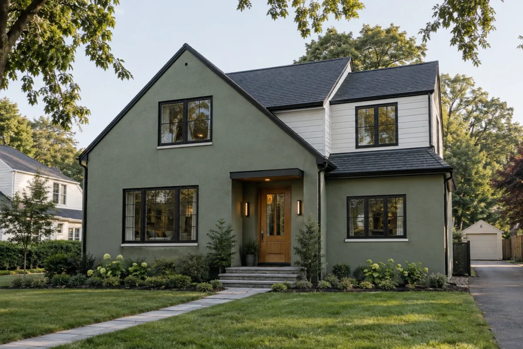 15 green stucco house white horizontal siding