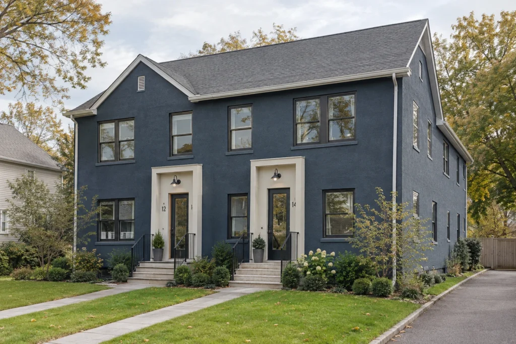 16 navy stucco modern duplex light entries