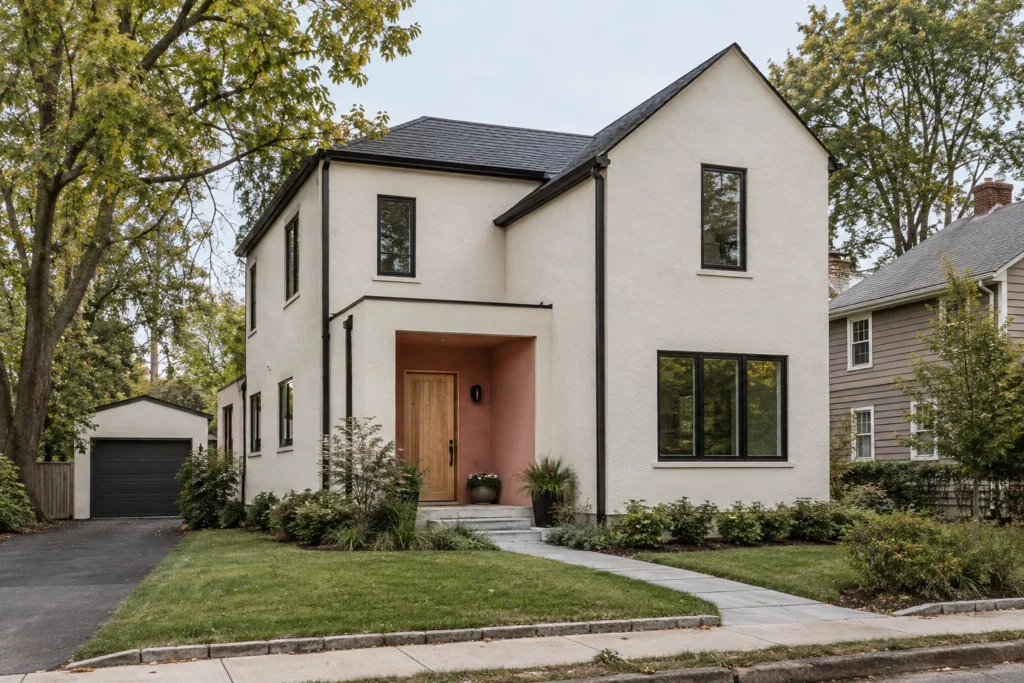 16 rosy pink stucco recessed entry