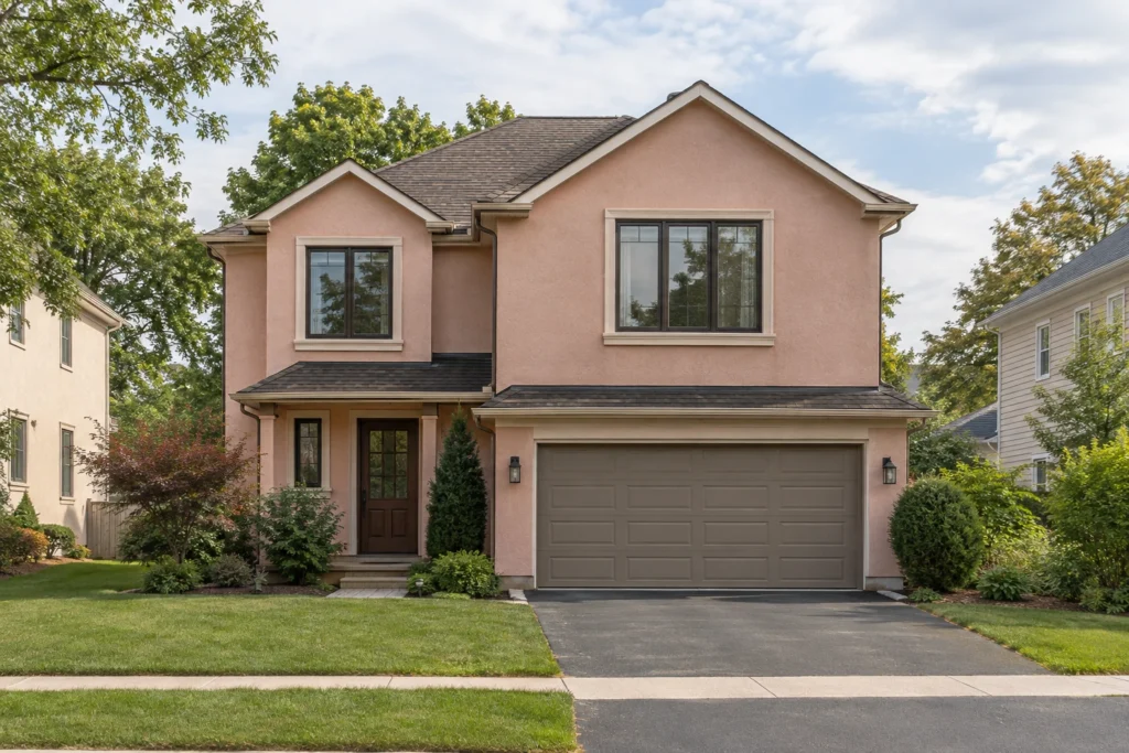 18 warm pink stucco house taupe garage