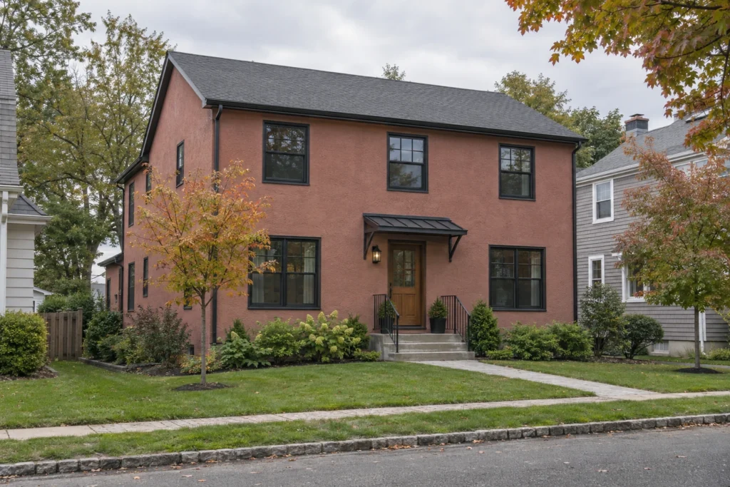 19 dusty rose stucco house black canopy