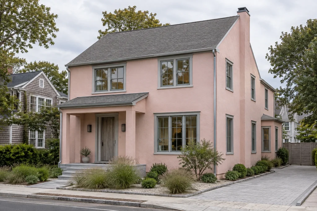 20 pale pink stucco coastal house gray trim