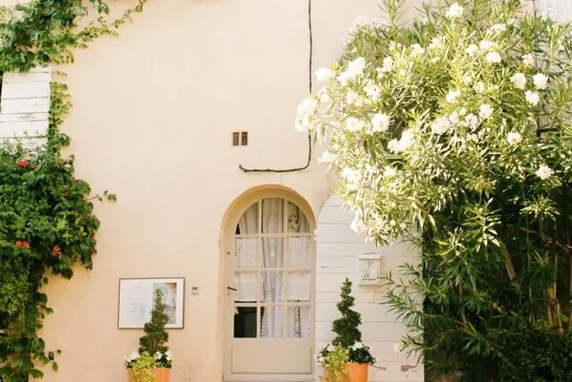 Cream stucco facade with arched glass door, potted topiary trees, climbing ivy and white flowering shrub