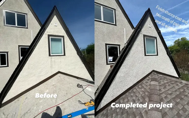 Side-by-side comparison of a century-old home showing stucco wall before repair and after paint and sealing work