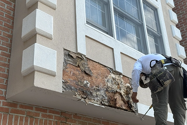Stucco moisture damage remediation under window Worker removing deteriorated stucco and damaged sheathing beneath a window during repair