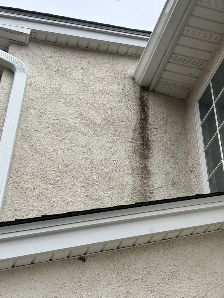 How to Prevent and Remove Mold on Stucco 3 Close view of a light stucco wall with a dark vertical mold streak running down from the soffit near a roof valley and window.