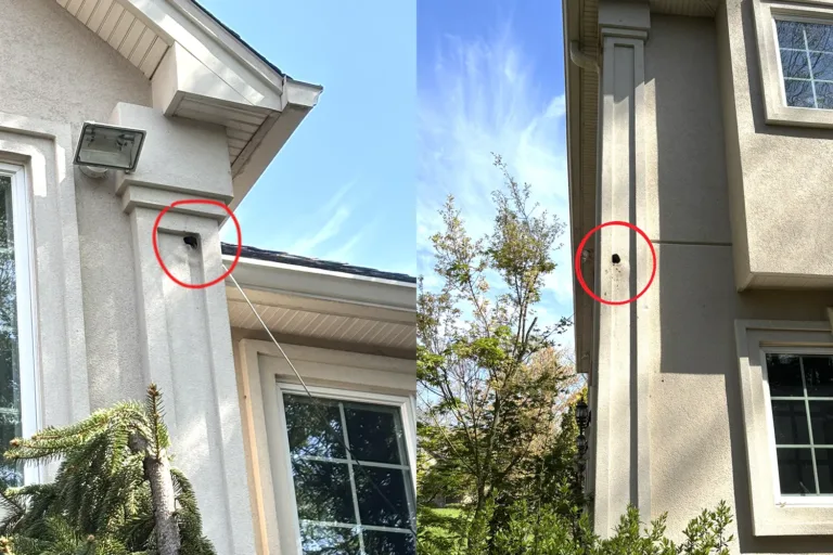 Side-by-side photos of a stucco home showing round woodpecker holes in vertical trim/columns near the eaves, highlighted with red circles.