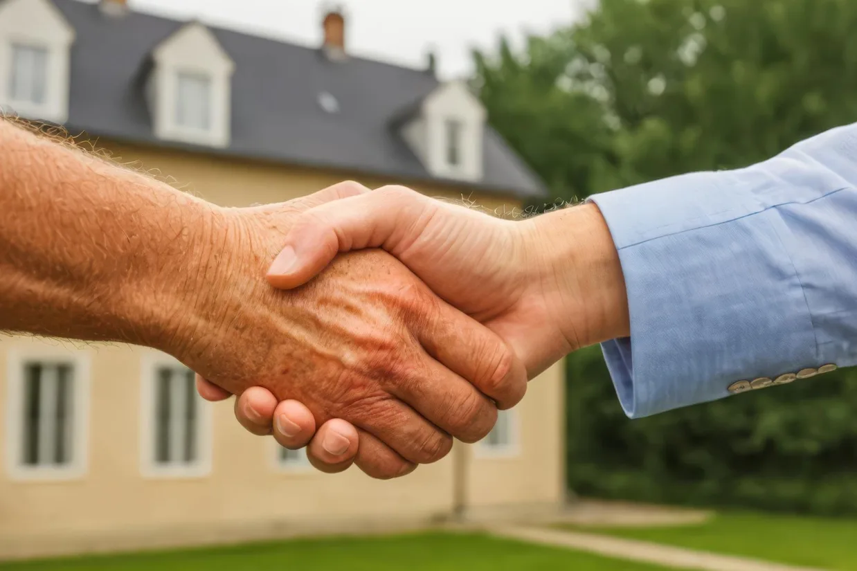 Close-up of a contractor and homeowner shaking hands outdoors with a stucco home in the background, symbolizing a signed project agreement.