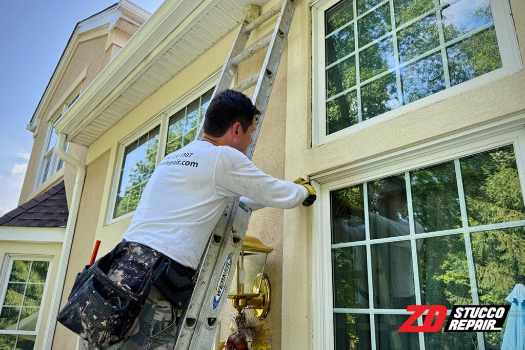 ZD Stucco Repair technician on ladder resealing stucco window joints to prevent moisture at Four Seasons at Chester in New Jersey