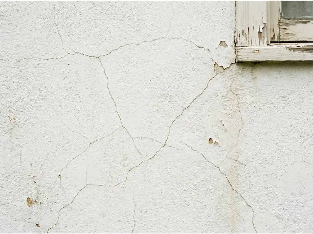 Stucco Repair in NJ: How to Fix Cracks, Damage & Prevent Costly Problems in 2026 3 Close-up of fine hairline cracks in exterior stucco around a window frame