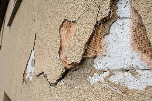 4 Complex Stucco Problems in New Jersey and How ZD Stucco Repair Fixes Them 5 Broken EIFS or stucco wall with large cracks, missing finish coat, and exposed mesh and foam insulation